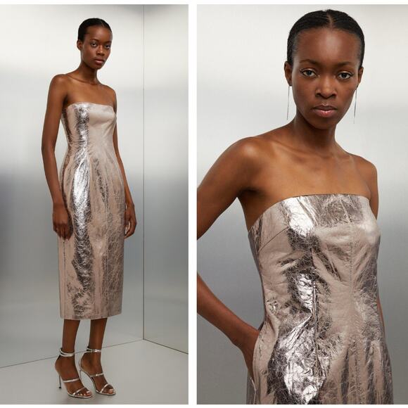 KAREN MILLEN Metallic Faux Leather Bandeau Midi Dress Pewter Sz 2 NWT $199 {N34} - Picture 1 of 3